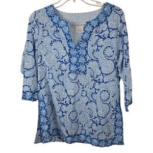 Gretchen Scott Blue Cornflower Paisley V Neck Cottagecore Chic Beachy Resort S